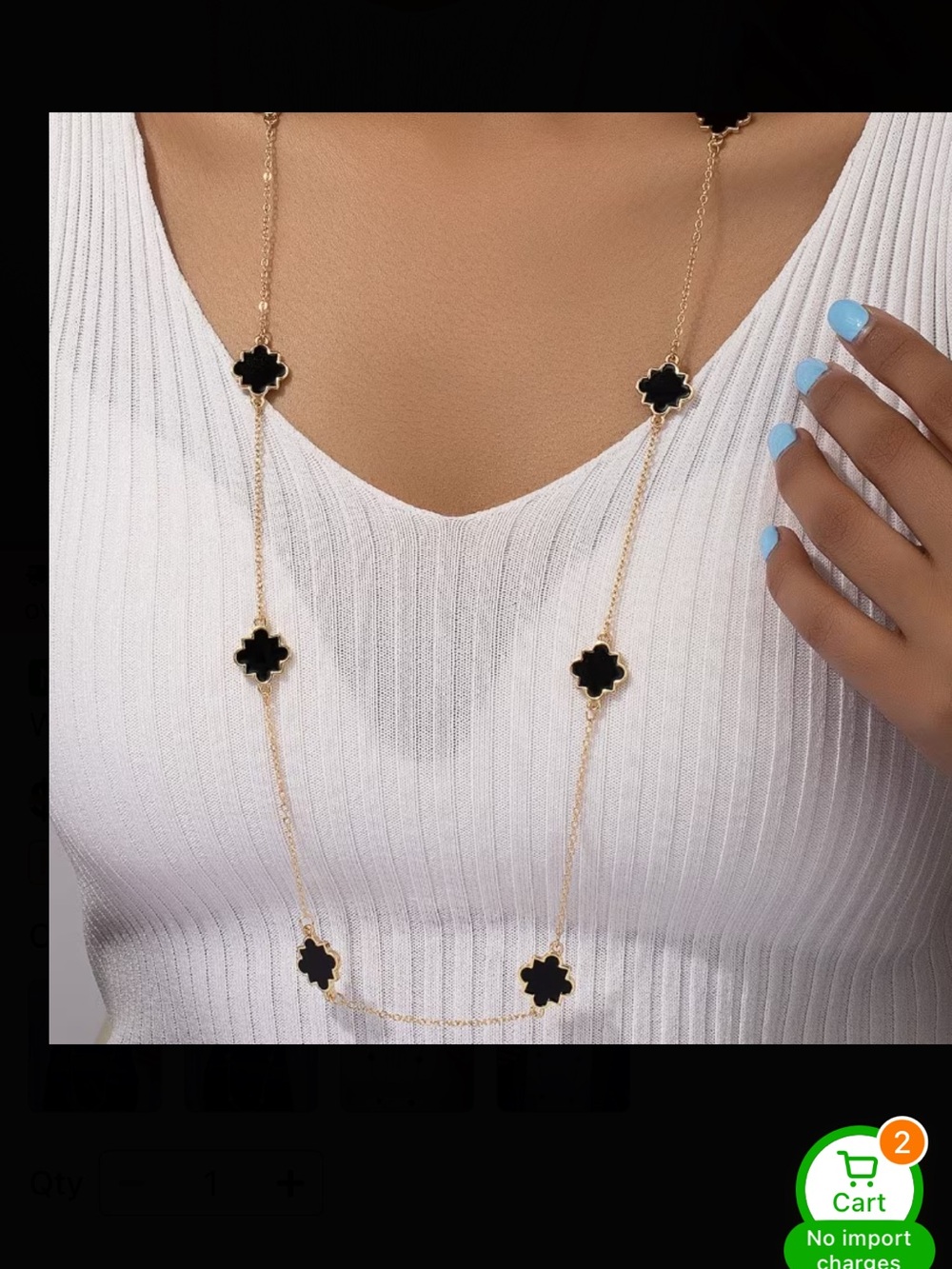 Gold Long Necklace with Black Clover Accents